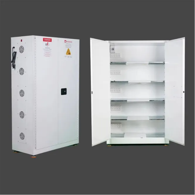 Large white metal explosion-proof battery storage cabinet with open doors, revealing multiple shelves, power outlets, and internal ventilation system