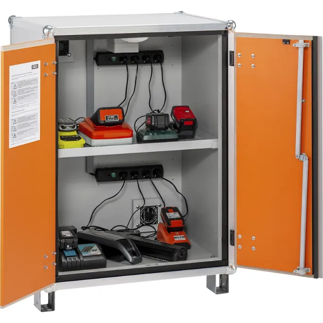 Open explosion-proof battery charging cabinet showing shelves with multiple lithium battery chargers and built-in ventilation for safe charging operations