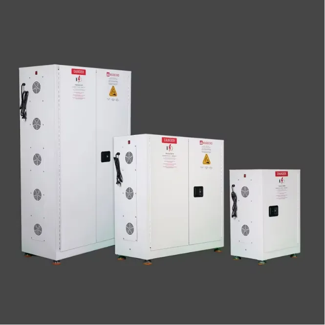Three different sizes of industrial battery explosion-proof cabinets with ventilation fans and warning labels, designed for lithium battery charging and storage safety